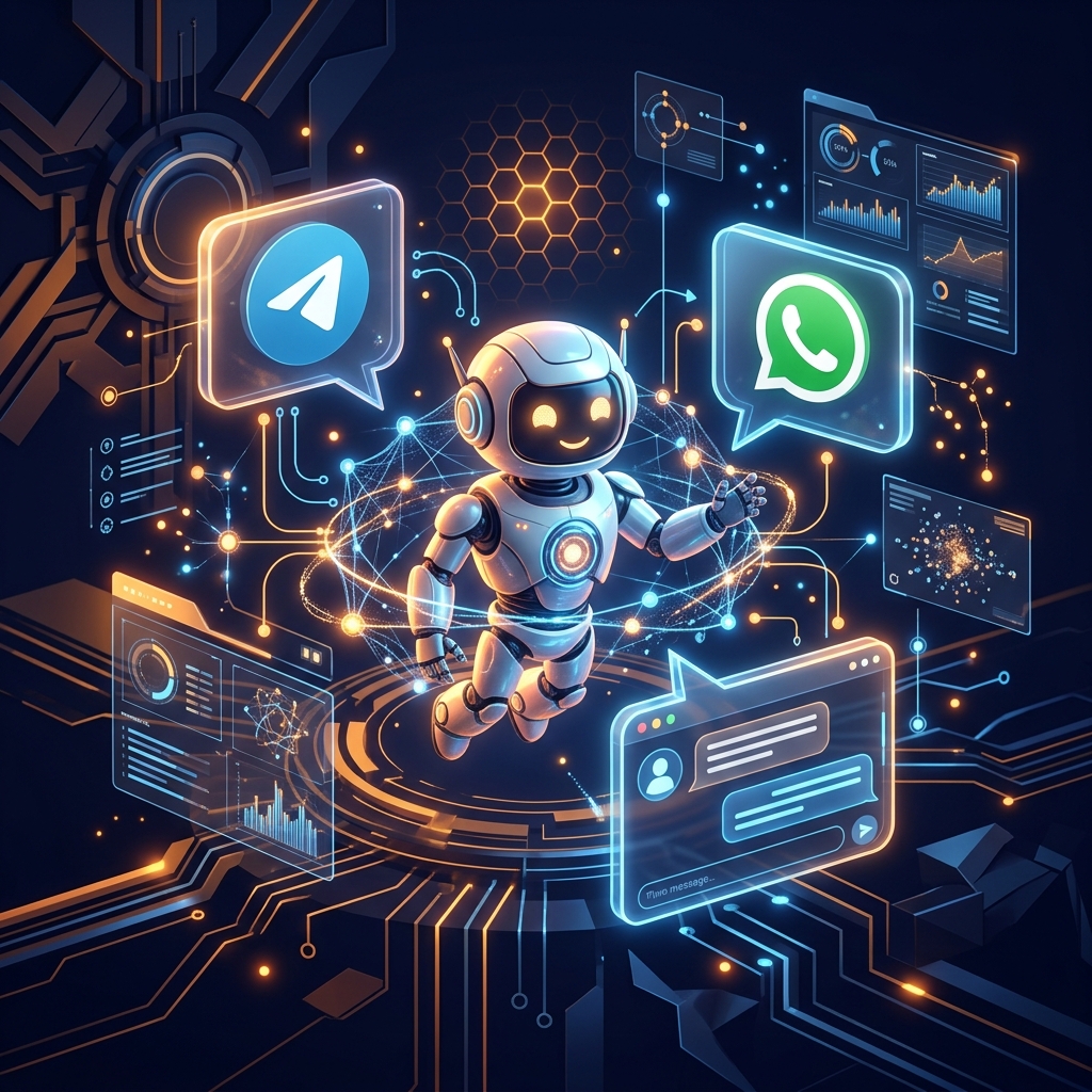 AI chatbot interfaces across Telegram, WhatsApp and website connected by neural network