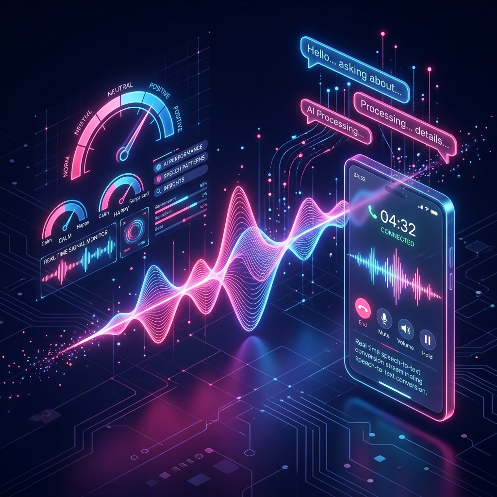 AI voice assistant with glowing sound waveforms and call analytics
