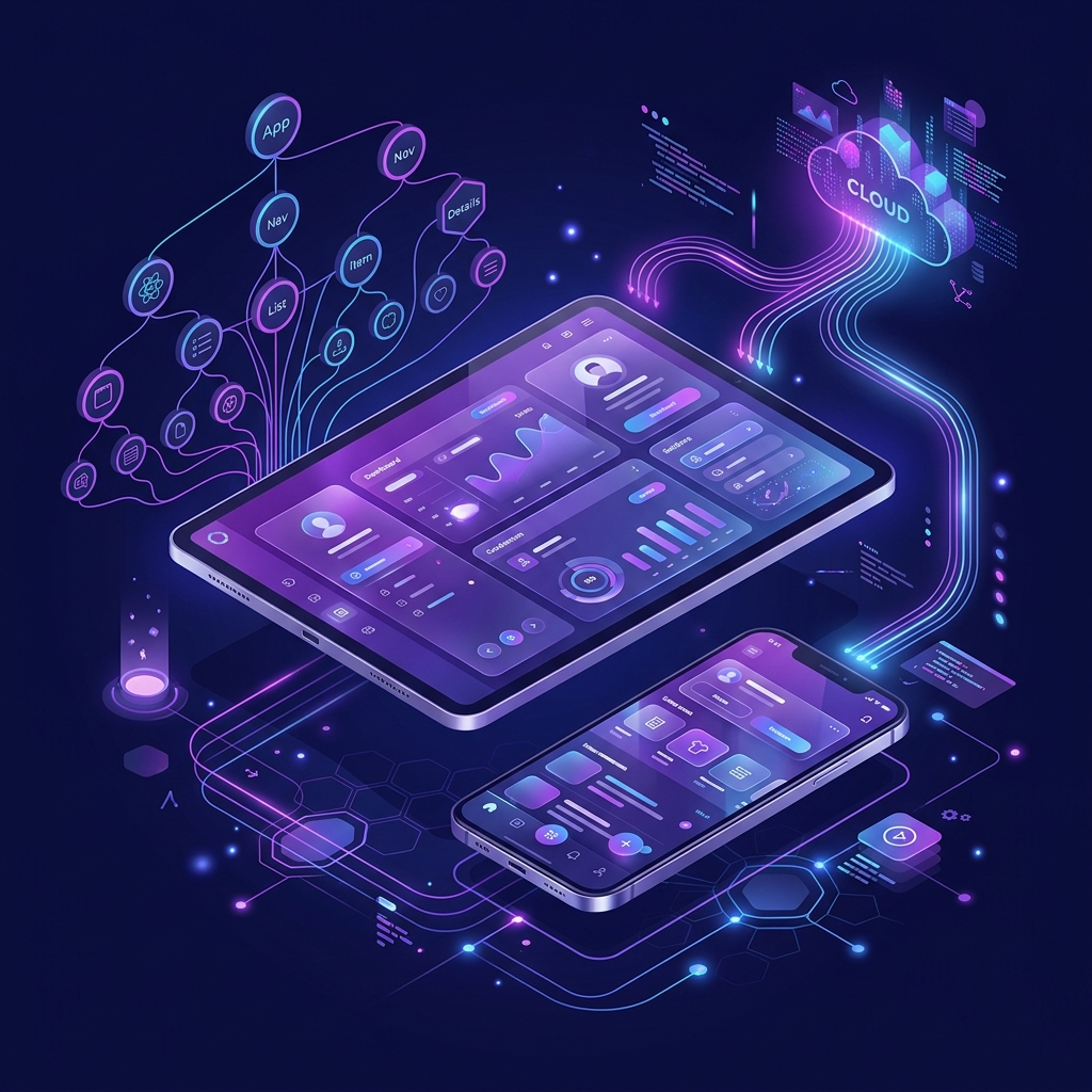 3D visualization of mobile app development with floating devices and component tree