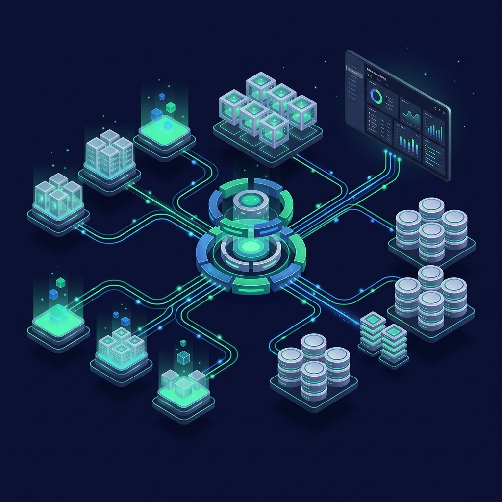 3D cloud architecture with server nodes and data flows