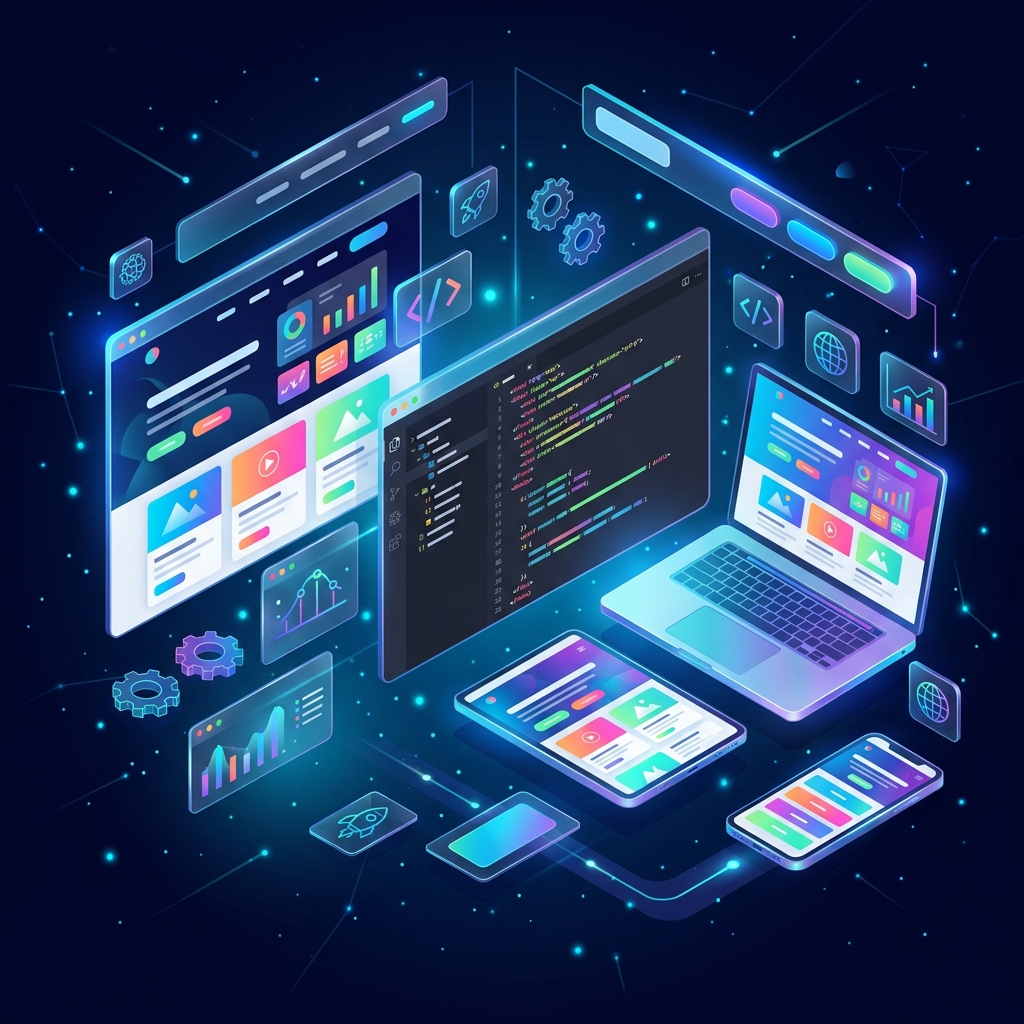Futuristic web development visualization with floating browser windows and code editor